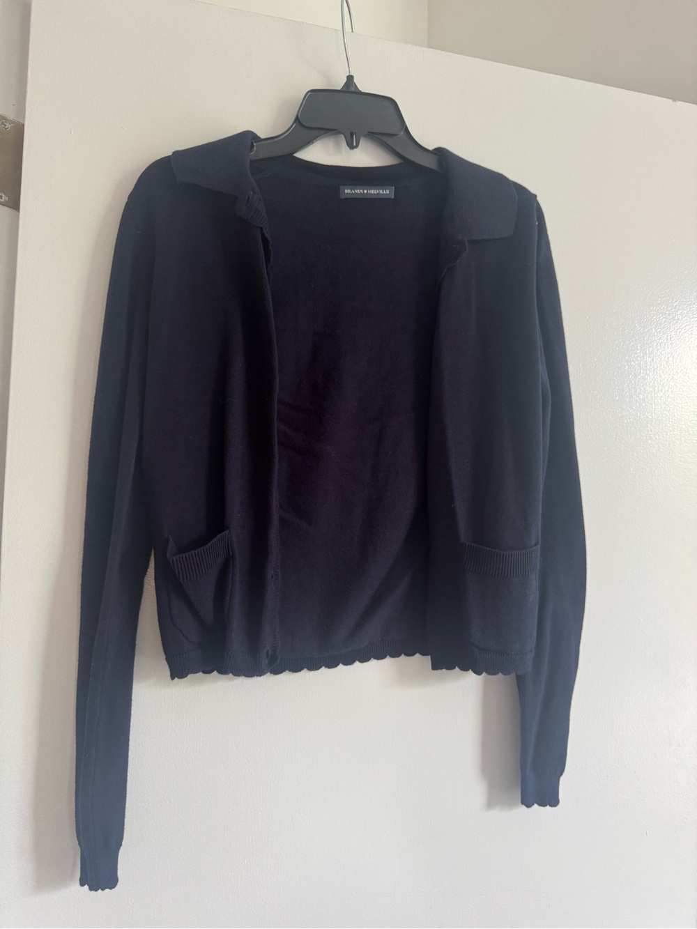 Brandy Melville Black Open-Front Knit Cardigan with Scalloped Hem